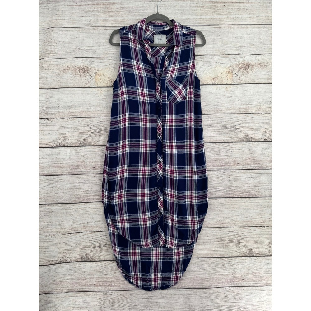 Rails Plaid Tunic Shirt Womens Medium Navy Purple Sleeveless Open Sides High Low